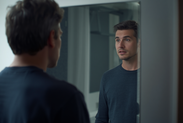 Man looking at his reflection, why can't I change even though I know what's wrong, confronting a blind spot
