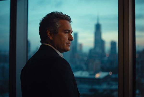 Man reflecting alone on a rooftop, representing the gap between success and fulfilment