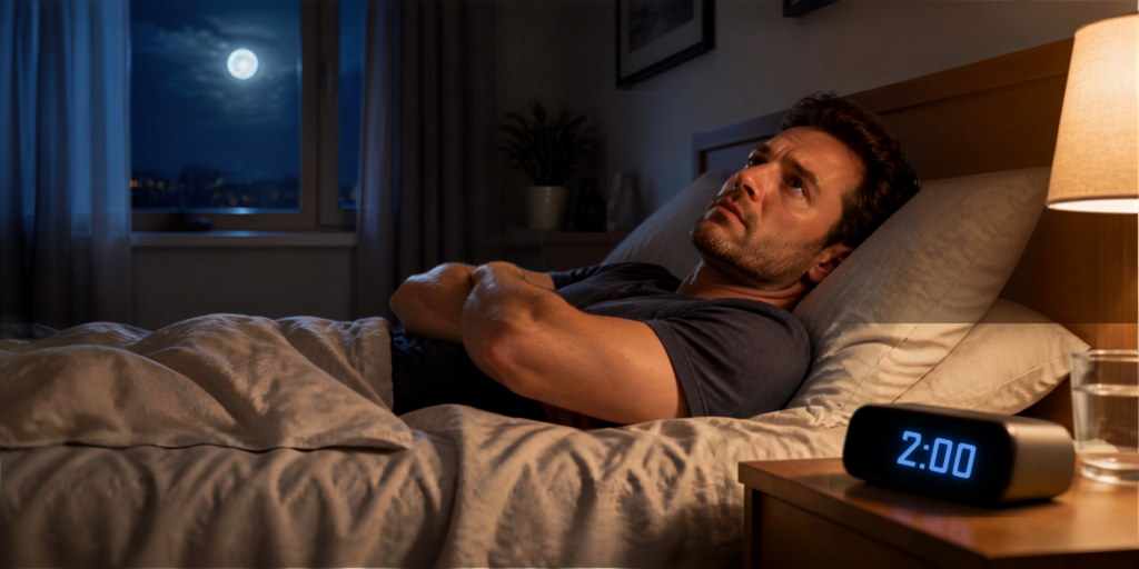 Man lying awake in bed at night, why can't I sleep even when I'm tired