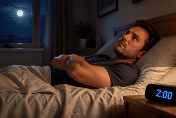 Man lying awake in bed at night, why can't I sleep even when I'm tired