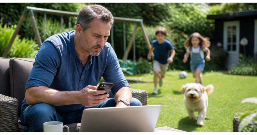 Man restless on his day off, checking his phone, why can't I switch off even when I have time to rest
