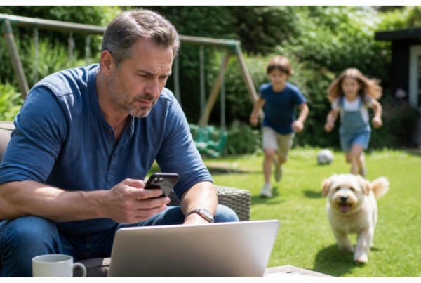 Man restless on his day off, checking his phone, why can't I switch off even when I have time to rest