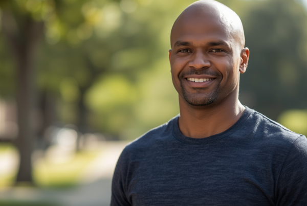 Man standing with calm, grounded confidence, positive masculinity in practice